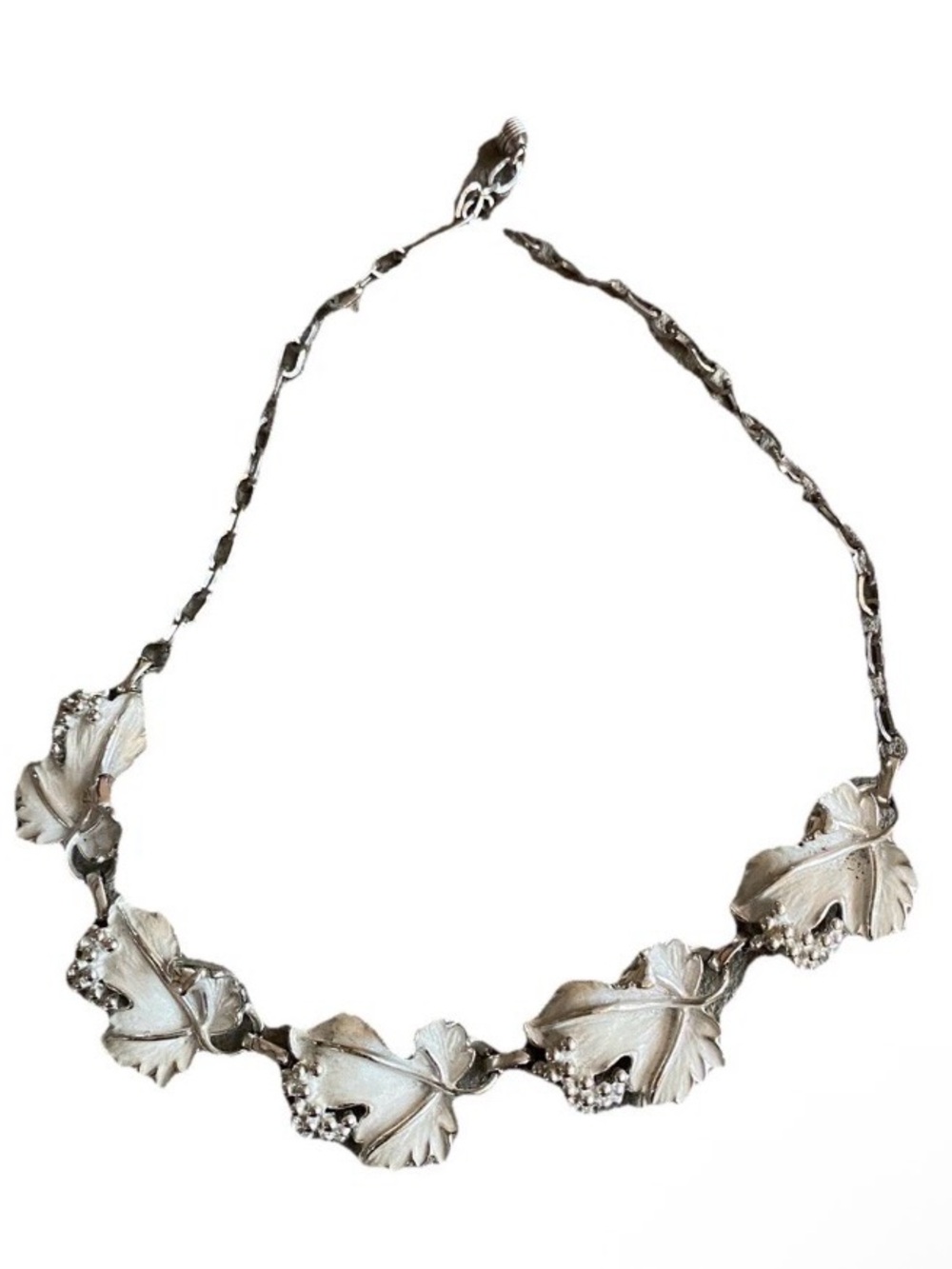 Vintage Necklace SAC Signed Floral Leaf Grapes White Silver Tone 1960s 60s